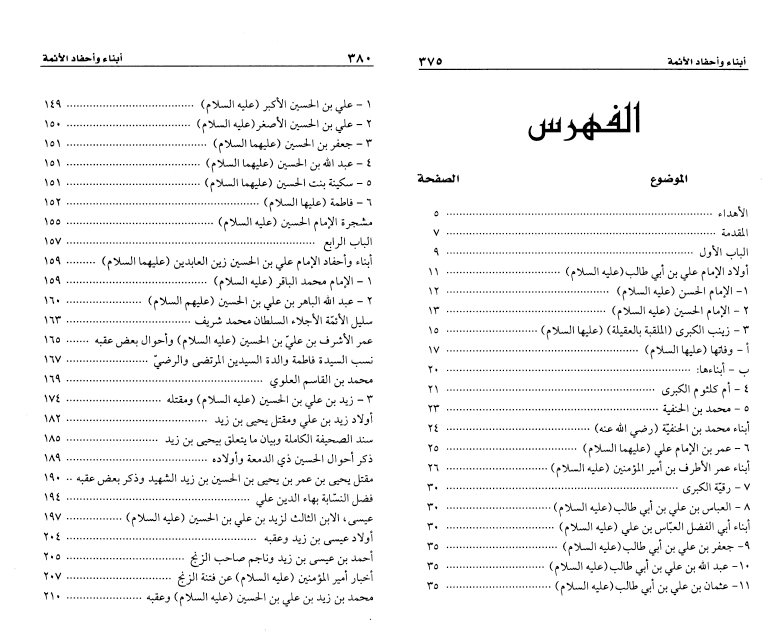 فهرس كتاب أبناء وأحفاد الأئمة عليهم السلام
